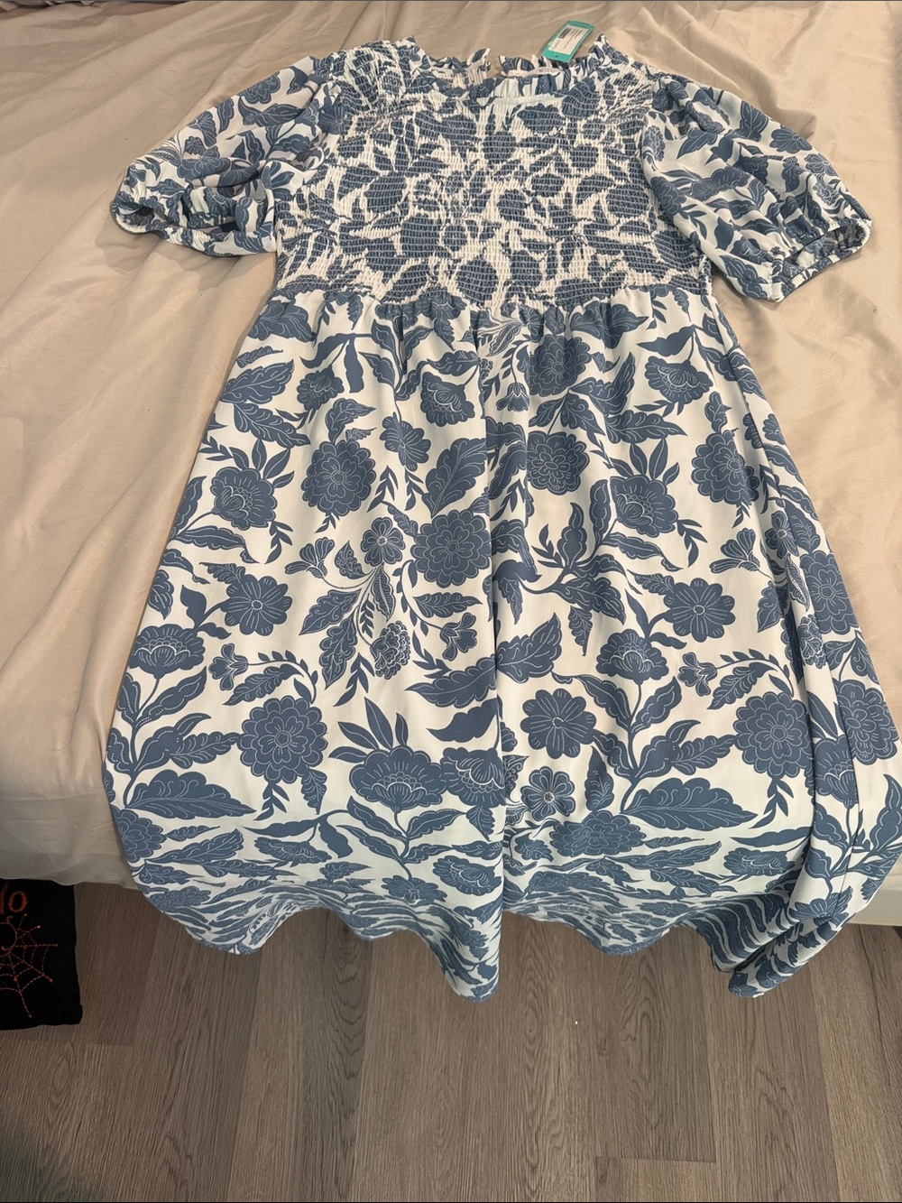 Market & Spruce Blue Floral Smocked Puff-Sleeve Dress